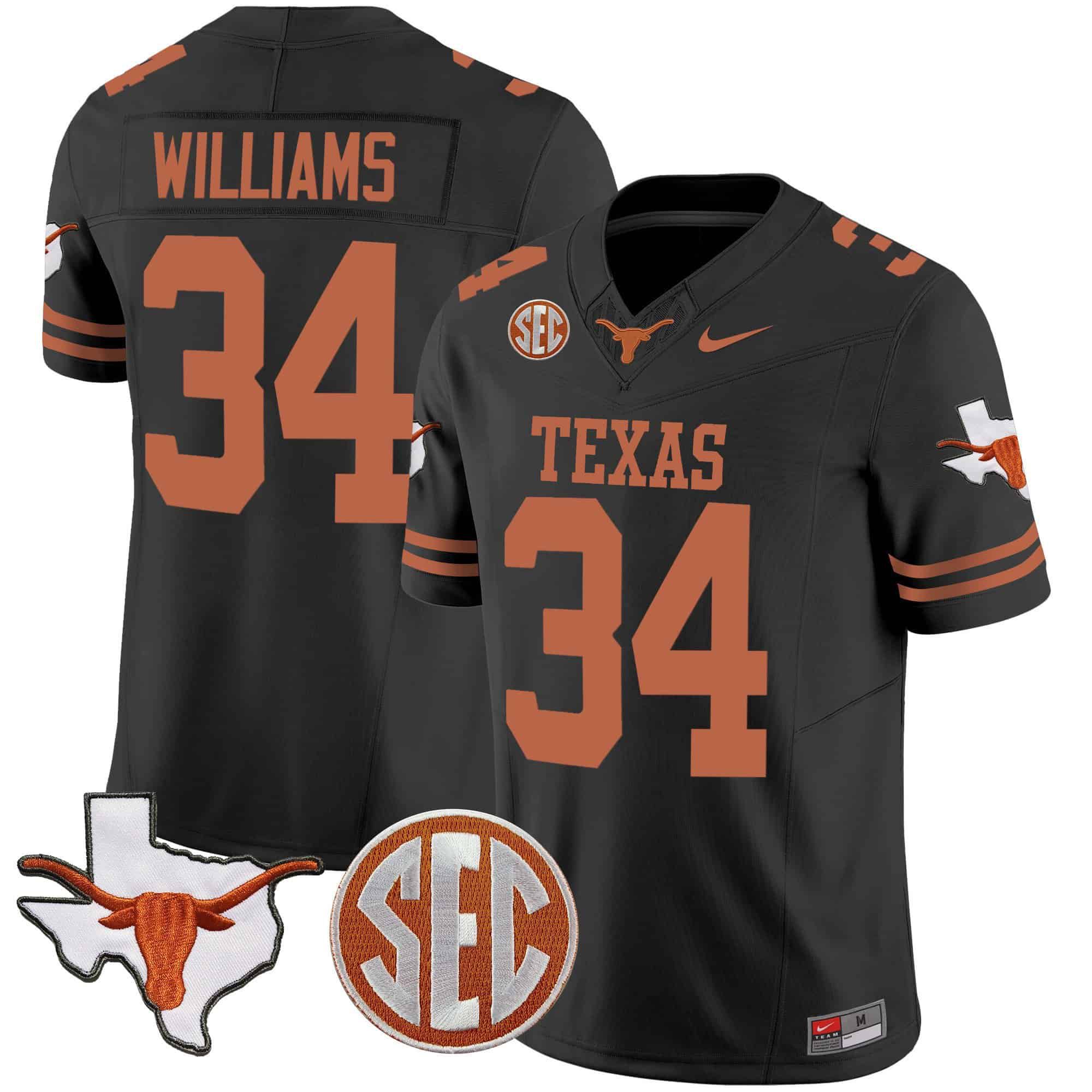 Men Texas Longhorns #34 Williams Black 2024 Nike State Map & SEC Patch Vapor NCAA Jersey style 1